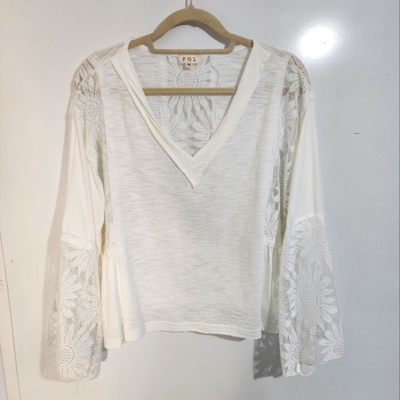 POL Women's White Lace Sleeve Top, Size Medium - Picture 1 of 8